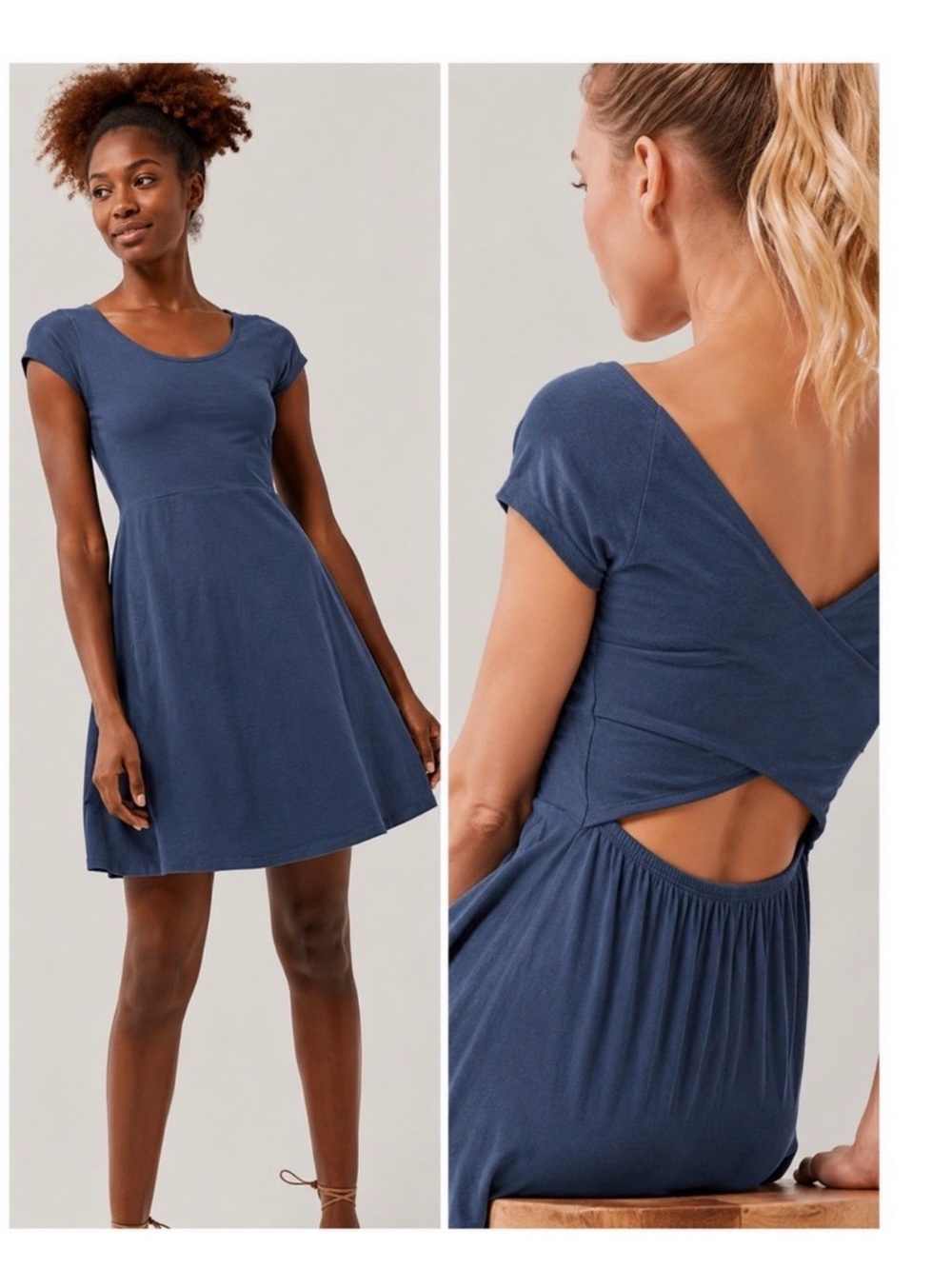 Pact Organic Cotton Skater Dress Fit and Flare Navy Cutout Back Short Sleeve L